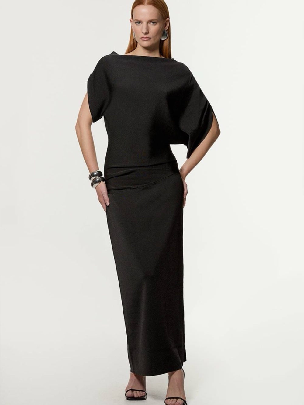 Karen Millen Slinky Viscose Knit Dropped Waist Asymmetric Maxi Dress